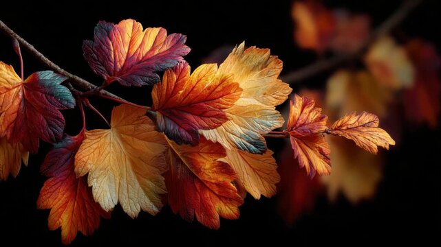 Vivid autumn leaves dancing in the gentle breeze, showcasing nature's vibrant palette in a serene and enchanting forest setting