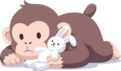 Obraz premium Sad brown baby chimpanzee lies down while clutching a small white stuffed rabbit toy.