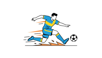 Obraz premium Dynamic illustration depicts a soccer player in a blue and yellow uniform powerfully kicking a football during a fast-paced match action.