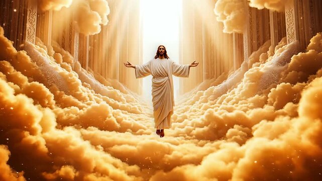 The Jesus Resurrection Scene Depicting a Divine Figure Rising Amongst Clouds with Outstretched Arms, Captured from a Low Angle Viewpoint