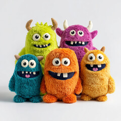 Fototapeta premium Three adorable, fuzzy monster plush toys in cream, green, and purple stand together on a white background, featuring wide toothy grins and large expressive eyes in a clean studio shot.