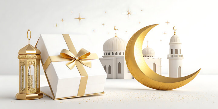 Elegant Ramadan and Eid Mubarak celebration set with golden lantern, crescent moon, mosque, and star decorations on white background