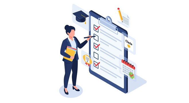 Businesswoman completing an online survey or checklist on a giant clipboard.