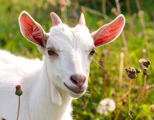 Obraz premium Close-up of a young white goat in a grassy field