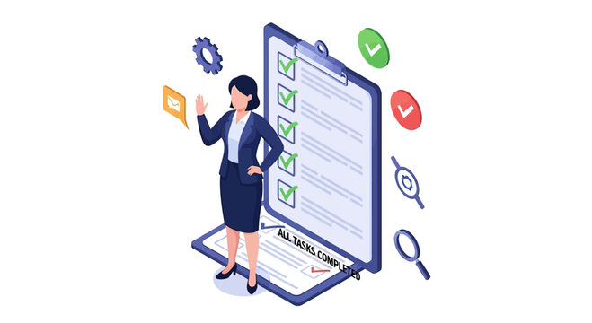 Businesswoman with Checklist and Magnifying Glass Isometric Illustration.