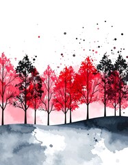 Watercolor trees gradient from red to black, silhouetted on a soft gray hill