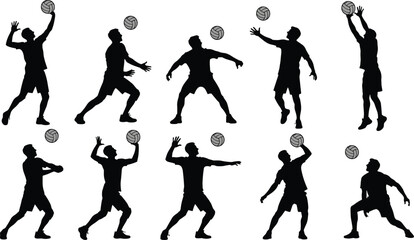 Volleyball player silhouettes in various positions black white
