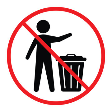 No littering prohibition sign showing a person throwing trash into a bin crossed by a red circle and diagonal line. Simple black pictogram on light background, ideal for public notice, hygiene and saf