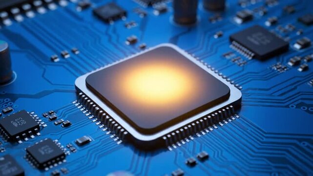 Close-up view of a glowing central processing unit (CPU) on a blue circuit board, illustrating data processing and advanced technology. The microchip emits a warm orange light