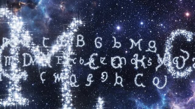Constellations Forming Abstract Letterforms in Surreal Night Sky Cinematic 4K