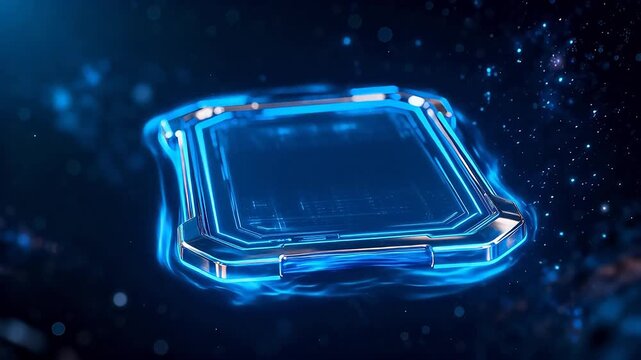 Sci-fi floating cube with blue neon frame in deep space background