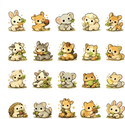 Fototapeta premium Collection of cartoon animals eating vegetables in various poses and settings, vector illustrations