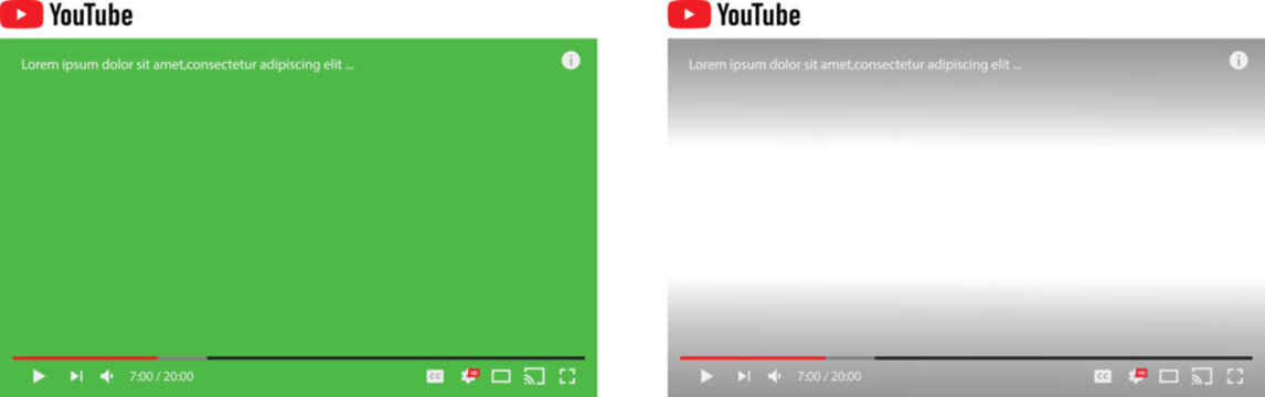 YouTube Video Player Interface Mockup Set - Vector Media Player with Green Screen and Transparent Overlay for Video Marketing and Content Creation Templates