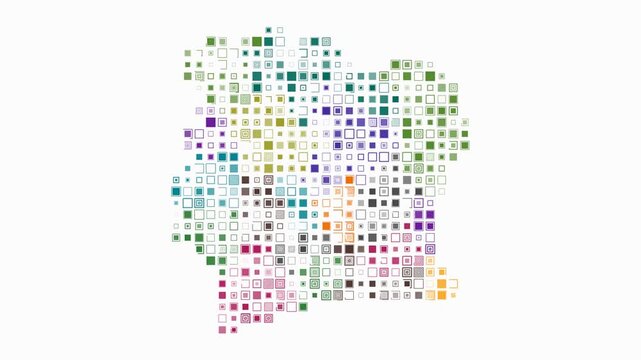 Cote d'Ivoire map animation. Shape of the country with pulsating colored dots. Large size square blocks. Digital style Cote d'Ivoire map on white background. Classy video.