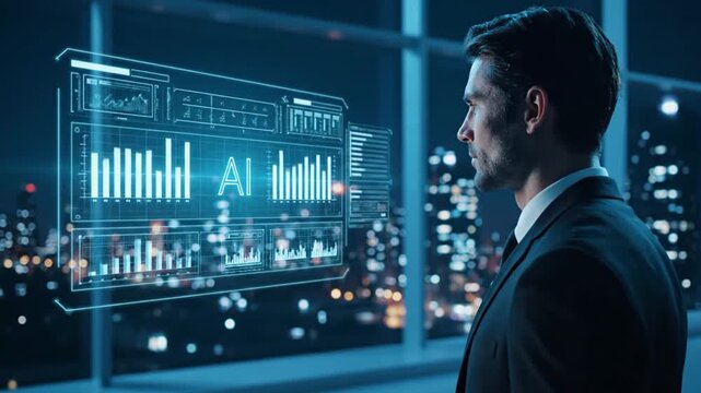 AI Implementation in Office with Futuristic Holographic Interface