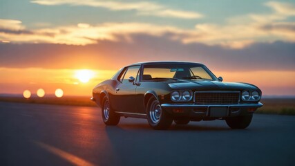 Obraz premium Vintage muscle car at sunset on open road.