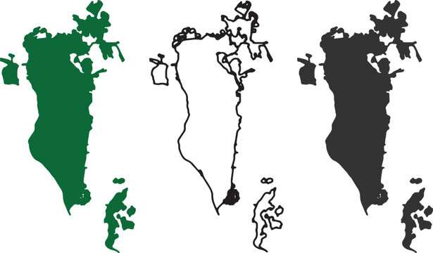 Bahrain Map Silhouette Collection &ndash; High Resolution Country Outline Vector Icons in Solid Green, Outline, and Black Styles for Middle East Geographic Design
