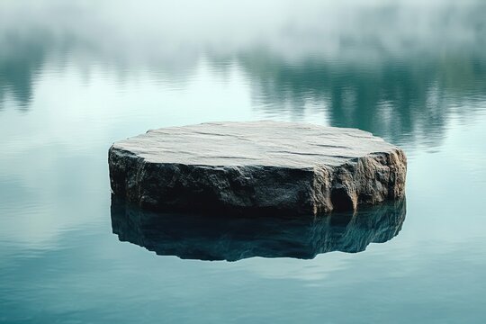 Flat circular rock slab rising from calm reflective lake with misty treeline reflection, evoking serene solitude