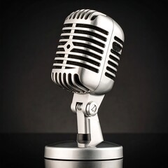Silver vintage microphone stands on a shiny, dark surface with a muted black backdrop