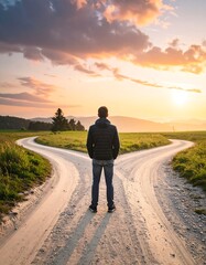 Person at a split rural road faces choice under vibrant sunset sky