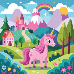 Fototapeta premium A funny fairy tale princess stands by a castle in a green nature landscape with a dragon, horse, and cartoon animals under a bright sun