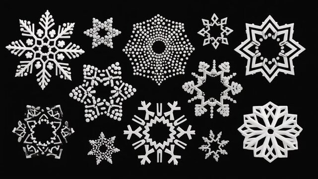 Collection of white snowflakes on black.