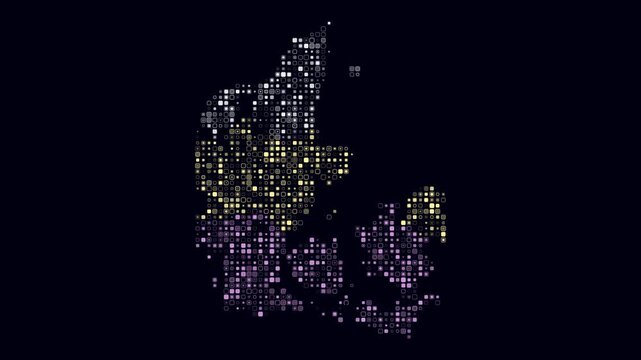 Denmark map animation. Shape of the country with pulsating colored dots. Small size rounded square blocks. Digital style Denmark map on dark background. Artistic video.