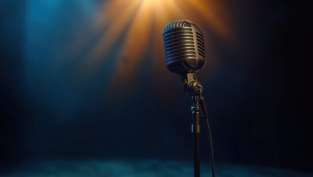 Vintage microphone on stand under warm spotlight on dark stage conveying moody anticipation for a solo performance