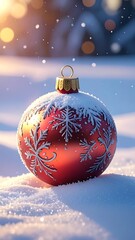 Red bauble with snowflakes, snow-covered ground. Soft light & bokeh