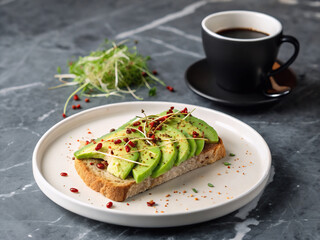 Delicious Avocado Toast with Microgreens and Red Pepper Flakes on a White Plate next to a Cup of Black Coffee