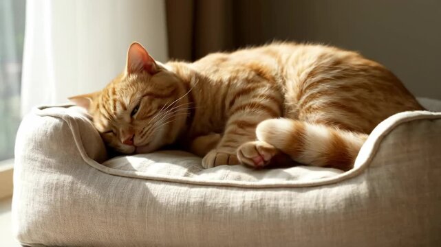 A ginger cat relaxing in its bed, enjoying the sunlight and a peaceful nap.