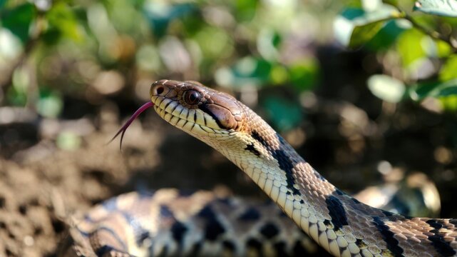 Close-up of a gopher snake with forked tongue in natural habitat.