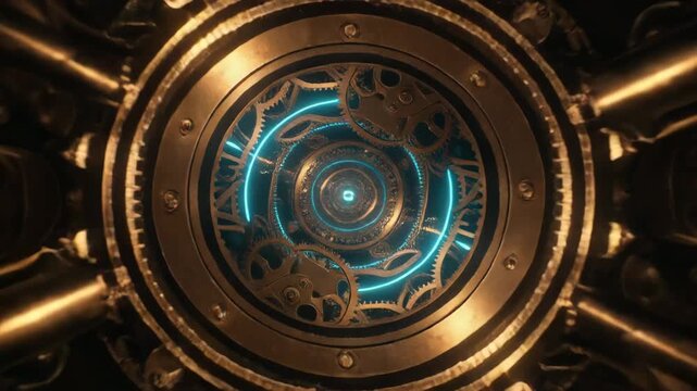 Golden Clockwork Tunnel With Blue Neon Light Circular Motion Abstract