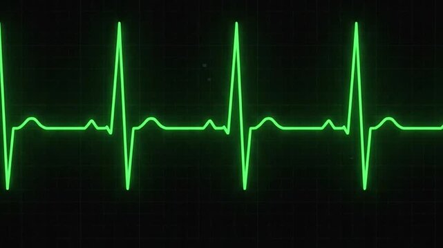 A vibrant green electrocardiogram line displays a steady heart rhythm on a dark