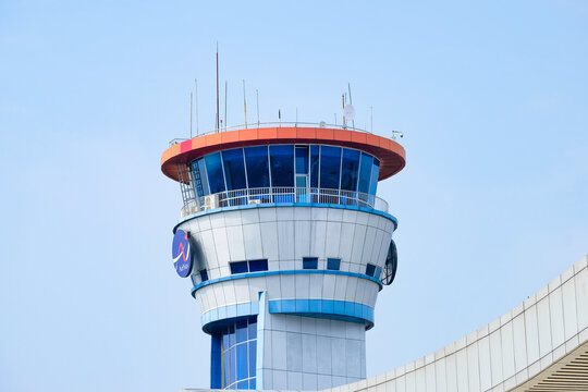 Pekanbaru, Indonesia - October 11, 2025: Architectural details of Air Traffic Control (ATC) tower at Sultan Syarif Kasim II International Airport