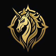 Obraz premium Majestic golden unicorn head vector emblem with a sharp horn and flowing mane, encircled by an ornate compass star design, isolated on a dark background.