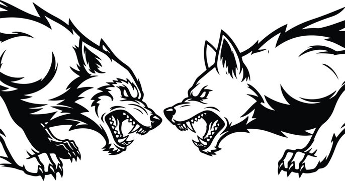 Two aggressive wolves snarling at each other in a fierce confrontation, black and white vector illustration