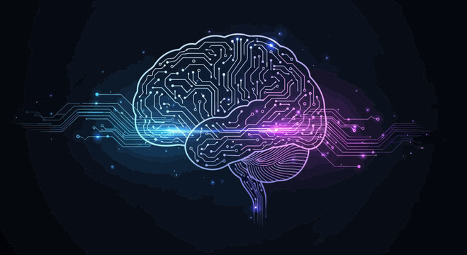 A glowing digital illustration of a human brain with neural connections on a dark background viewed from the side