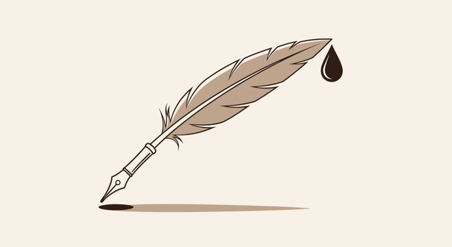 A feather quill pen with ink dropping, poised for writing, illustrated in a minimalist style from a slight overhead viewpoint