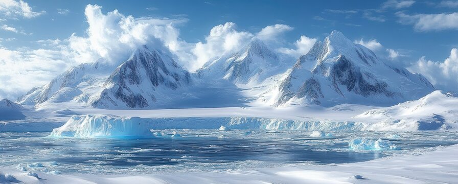 Majestic snow-covered mountains and expansive glaciers with floating icebergs on a calm icy sea beneath a bright blue sky and billowing clouds, serene and pristine