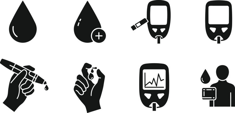 Diabetes icon collection including blood glucose monitoring and testing symbols
