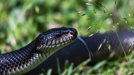 Fototapeta premium Black rat snake in grass with tongue flicking.