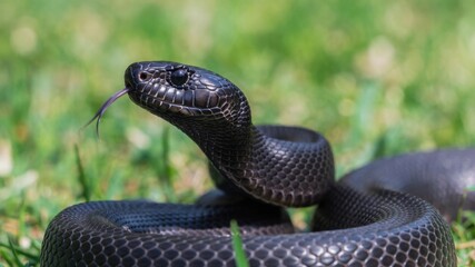 Obraz premium Close-up of black snake with forked tongue on green grass background.