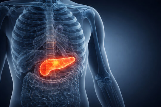 Human Pancreas Highlighted in Glowing Red Within Transparent Torso Anatomy
