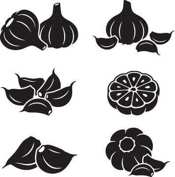Garlic Silhouette Set &ndash; Black Garlic Bulb and Clove Vector Icons Isolated on White
