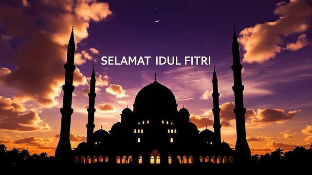Silhouette of a Grand Mosque at Sunset with Ramadan Greeting Selamat Idul Fitri and a Crescent Moon