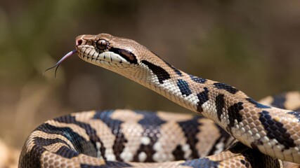 Obraz premium Close-up of a coiled brown and black python with forked tongue.
