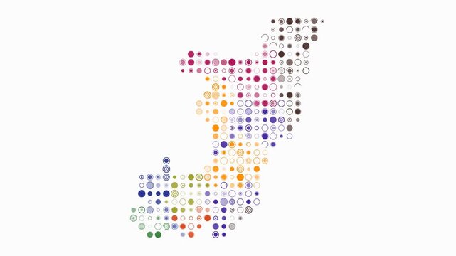 Republic of the Congo map animation. Shape of the country with pulsating colored dots. Large size circle blocks. Digital style Republic of the Congo map on white background. Creative video.
