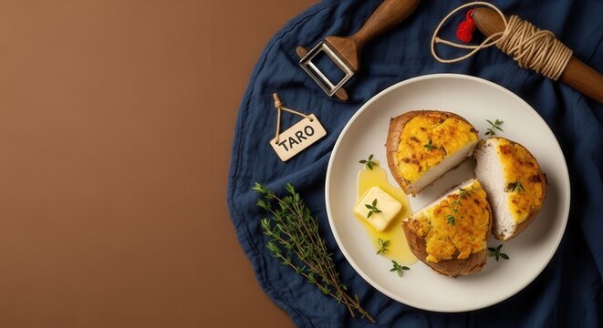 Roasted Fijian Taro with Glistening Butter and Thyme on Indigo Masi with Earth-Toned Left Copy Space