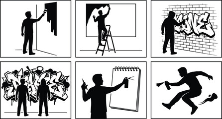 Graffiti artist silhouettes collection, street art painter spraying wall mural and sketching design, urban culture black vector illustration isolated on white © Jakir